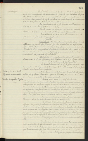 Employé communaux, application de la loi du 23 Octobre 1919, arrêté de Mr le préfet . Création d'une médaille d'honneur communale, vœu du congrès des Maires