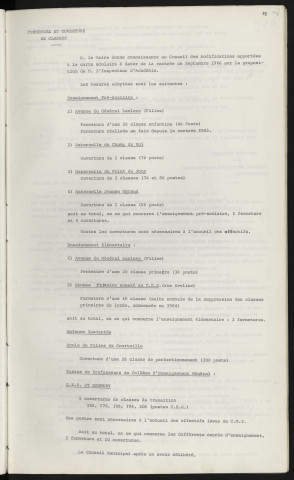Fermeture et ouverture de classes, avenue du Général Leclerc, maternelle du Champ du Roi, maternelle du Point du Jour, maternelle Jeanne Géraud, avenue du Général Leclerc, groupe primaire annexé au C.E.S. rue Aveline, école de filles de Courteille, C.E.S. st Exupéry