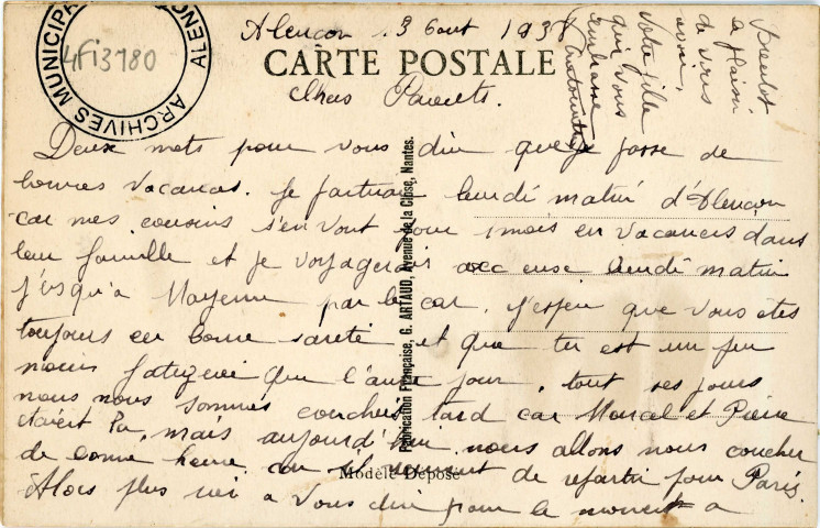 Souvenir de notre séjour, pension de famille à Alençon, carte postale humoristique à système n°98, G. Artaud, Nantes, (Date d'utilisation : 03 août 1938), (14x9), AMA.