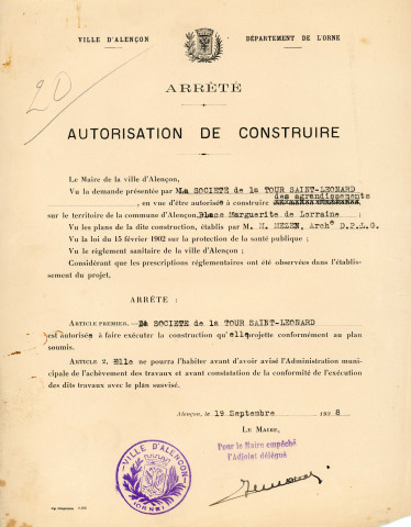 Agrandissement du Carmel, projet, premier étage (ech : 1/100, Marcel Mezen) (28 mars 1938), dessin n°5.