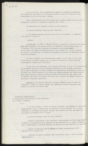 Finances, garantie à la S.E.M.I.A.V.A. d'un emprunt de 1 500 000 F auprès de la caisse des dépôts et consignations pour l'opération de rénovation du centre-ville. Subvention exceptionnelle à l'association des donneurs de sang bénévoles de la région d'Alençon.