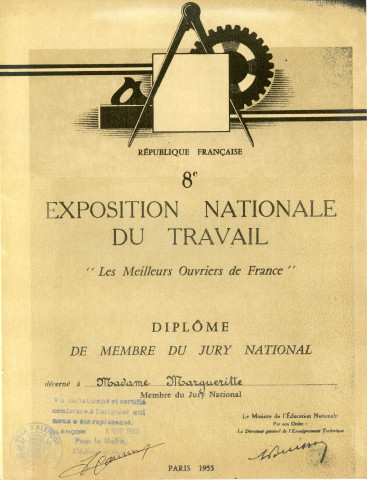 École dentellière de Point d'Alençon, personnel, MARGUERITTE Paulette Renée Charlotte (1918), directrice : curriculum vitae, extrait acte de naissance, extrait du casier judiciaire, titres "Meilleur Ouvrier de France" (photographie), attestations, diplômes.