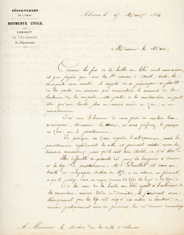 Couverture de la Halle au blé en fer et verre (1863-1864), établissement d'un paratonnerre en 1863 (non réalisé) : rapport, correspondance.