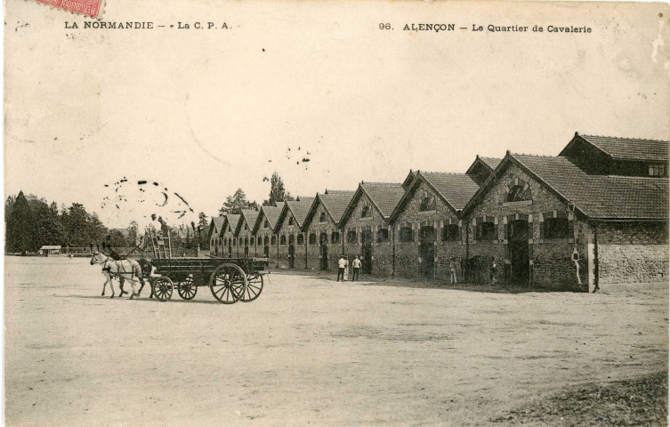 Alençon (Orne), quartier Valazé (14e Hussards), caserne, le quartier de cavalerie, carte postale ancienne noir et blanc n°96, la C.P.A. (Date d'utilisation : 04 octobre 1905) , (14x9), AMA.