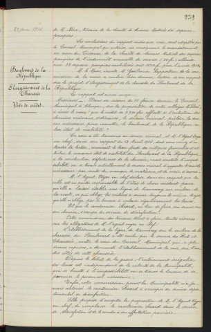 Indemnité de service pour l'année 1915 aux Sapeurs Pompiers mobilisés, M. NOIRE trésorier de la société de secours mutuels des Sapeurs-Pompiers mandatement, rapport. Boulevard de la République, Rue CAZAULT, Ruelle BOURDON, Pont sur la Sarthe, élargissement de la chaussée, M. SUARD et BEGUIN cantonnier, vote de crédit