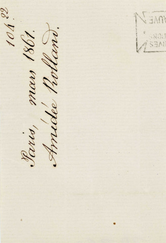 Lettre autographe signée de l'écrivain Amédée de Rolland à l'acteur Adolphe Laferrière [mars 1861] .