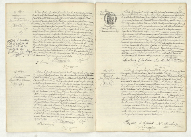 Acte de naissance de VARINEUR Jeanne Marie Lucile (16 septembre 1906), acte de naissance de DESCHAMPS Roger Adrien François (18 septembre 1906), reconnaissance de LEVILLAIN Charles Henri (19 septembre 1906), acte de naissance de HAZEVIS Jean Joseph Eugène Marie (18 septembre 1906).