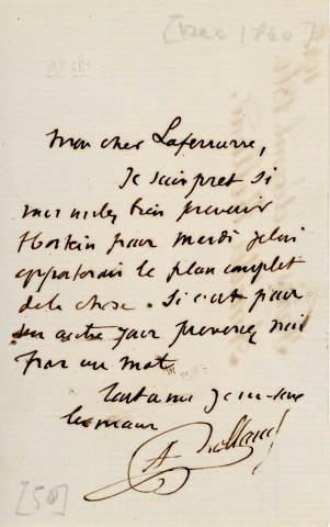 Lettre autographe signée de l'écrivain Amédée de Rolland à l'acteur Adolphe Laferrière [1860] .