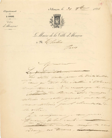 Etude pour améliorer la distribution d'eau potable à Alençon, projet d'acquisition des sources de la Briante : correspondance (1882-1887).