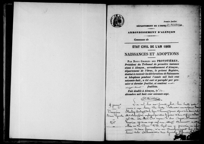 Registre des actes de naissance et adoption (1868).