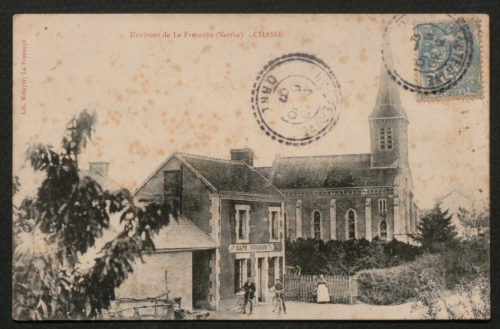 Villeneuve-en-Perseigne, Chassé (Sarthe), environs, carte postale ancienne noir et blanc, Librairie Métayer, La Fresnaye (date d'utilisation : 8 octobre 1907), (14x9), acquisition 2020, AMA.