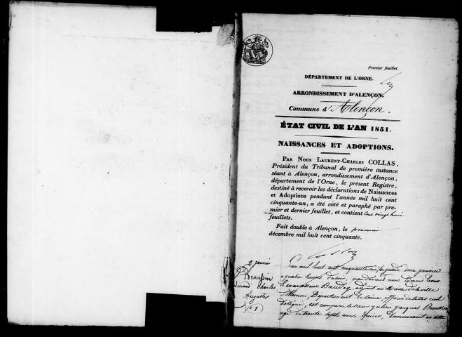 Registre des actes de naissance et adoption (1851).