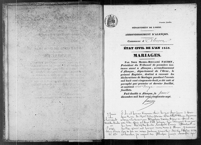 Registre des actes de mariage (1858).