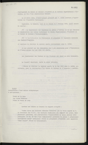 Centre de secours et d'incendie, résiliation du contrat conclu avec Mr LUCAS, architecte. P.T.T., installation d'une cabine téléphonique à prépaiement, place de la Gare, rue Jules Védrines, place du Point du Jour.