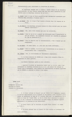 Z.U.P. Convention de concession pour le chauffage collectif, convention par la S.E.B.N. Lycée Alain, équipement sportif des terrains de sport, demande de subvention.