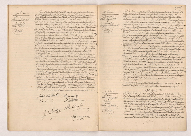 Acte de mariage de MOMÈGE Antoine Alphonse et MALLEVILLE Julia Victorine (19 Mars 1908), HUART Fernand Auguste Boulanger et LABITE Juliette Divorcée de JOINEAU (15 Avril 1908).
