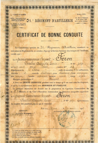 Certificat de bonne conduite (26 août 1905), (collection particulière Maryvonne Thoréton, 2018, AMA)