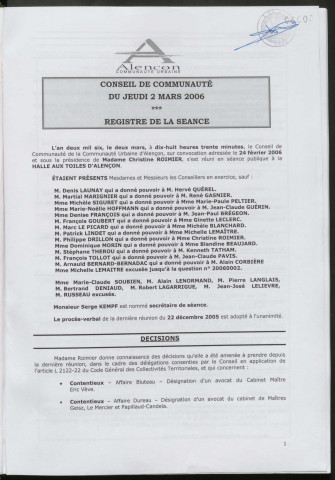 Registre des décisions et des délibérations du conseil communautaire (02 Mars - 21 Décembre 2006).