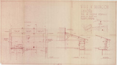 Lavoir impasse de l'Ecole Normale, plan, coupe, extrémités (Georges Serpuy, éch : 1/50, 3 juin 1953).