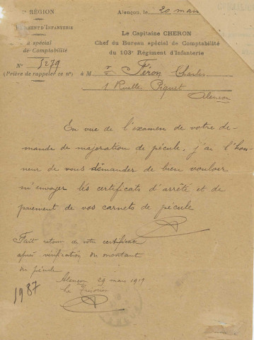 Demande de majoration de Pécule (29 mars 1919).