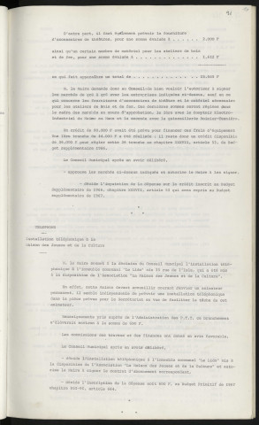 Centre social et culturel d'Alençon-Courteille, marchés pour équipement. Téléphone, installation téléphonique à la Maison des Jeunes et de la Culture, "le Lido" sis 35 rue de l'Isle.
