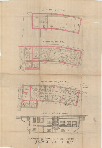 Projet de douches municipales, façade sur la rue de Sarthe, plan du rez-de-chaussée, plan des fondations, plan des combles (grenier séchoir) (Mézen, éch.1/100, 23 mai 1914).