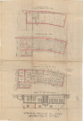Projet de douches municipales, façade sur la rue de Sarthe, plan du rez-de-chaussée, plan des fondations, plan des combles (grenier séchoir) (Mézen, éch.1/100, 23 mai 1914).