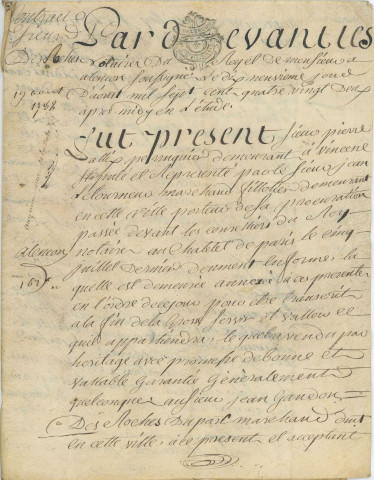 Contrat de vente entre le Sieur Pierre Allix et Jean Gandon Desroches Duparc, d'une partie de la maison sise 45-47 rue Cazault (19 août 1782).