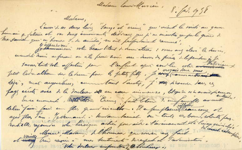 Lettre envoyée à Louise Hervieu la remerciant pour l'envoi de ses deux livres "Sangs" et "Crimes" et de ses dédicaces .