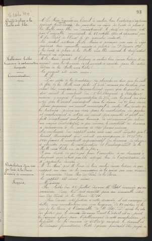 Droits de place à la Halle aux blés. Halle aux toiles, travaux de restauration Distribution d'eau rue des Fossés de la Barre, demande de concession : Rapport charpente : Communication.