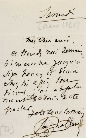 Lettre autographe signée de l'écrivain Amédée de Rolland à l'acteur Adolphe Laferrière [mars 1861] .