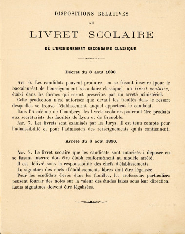 Livret scolaire de l'élève Charles-Marie Aveline au lycée d'Alençon, puis au lycée Janson de Sailly (Paris).