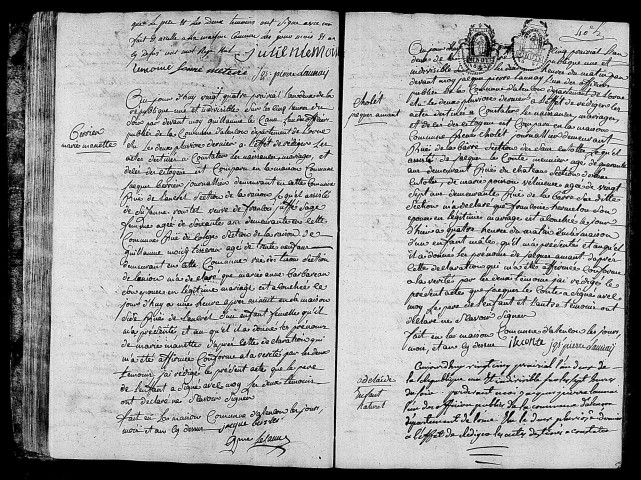 Acte de naissance de LEMOINE François Julien (11 juin 1794),acte de naissance de BERRIER Marie Manette (12 juin 1794),acte de naissance CHOLET Jacques Amant (12 juin 1794),acte de naissance de LAHAYE Adélaïde enfant naturel (13 juin 1794).