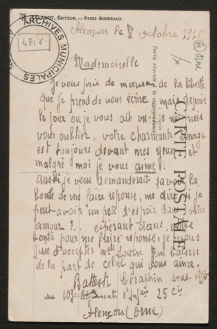 Alençon (Orne), un baiser d'Alençon, carte postale ancienne Talabot, éditeur. Paris-Bordeaux, (Date d'utilisation : 08 octobre 1916), (14x9).