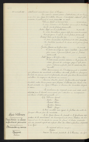 Lycée d'Alençon, bourses communales d'externat, attributions, rapport. Lycée d'Alençon, frais d'études des classes enfantine et primaire, demande en reprise, rapport