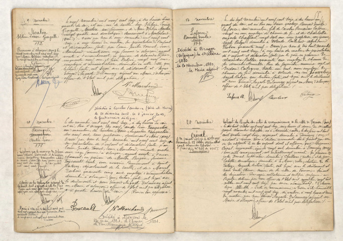 Acte de naissance de MOULIN Hélène Louise Georgette (09 novembre 1916), Acte de naissance de VAUQUELIN DESMONTS André Léon (10 novembre 1916), Acte de naissance de LAFORCE Bernard Emile (17 novembre 1916), Transcription d'un acte de reconnaissance CRÉPEL (20 novembre 1916).
