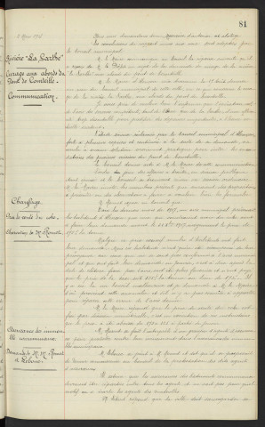 Abatage d'arbres Boulevard Lenoir-Dufresne, rapport, Rivière "La Sarthe", curage aux abords du bout de courtille, communication. Chauffage, prix de vente du coke, observation de Mr ROMET. Assurance des immeuble communaux, demande de Mr ROMET et Mr LEBOUC