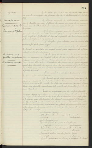 Concierge du musée d'Ozé, demande de Mr LEBOUC . Service des eaux, concession de Mr BARILLET remise du prix rue du Pont Neuf, demande de Mr LEBOUC . Assistance aux familles nombreuses, admissions nouvelles