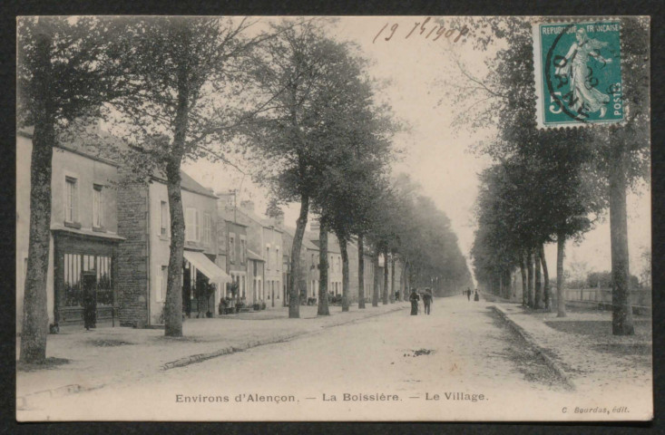 Condé-sur-Sarthe (Orne), environs d'Alençon, la Boissière, le village, carte postale ancienne noir et blanc, C. Bourdas, édit, phototypie A. Breger frères, Paris, (date d'utilisation :19 avril 1908), (14x9), acquisition 2021, AMA.