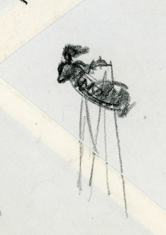 « de la matière jaillit l'industrie », 2 figures allongées sur une enveloppe (graphite sur papier) (René Letourneur, monogrammé en bas à gauche RL) (14cm x 11.5cm)