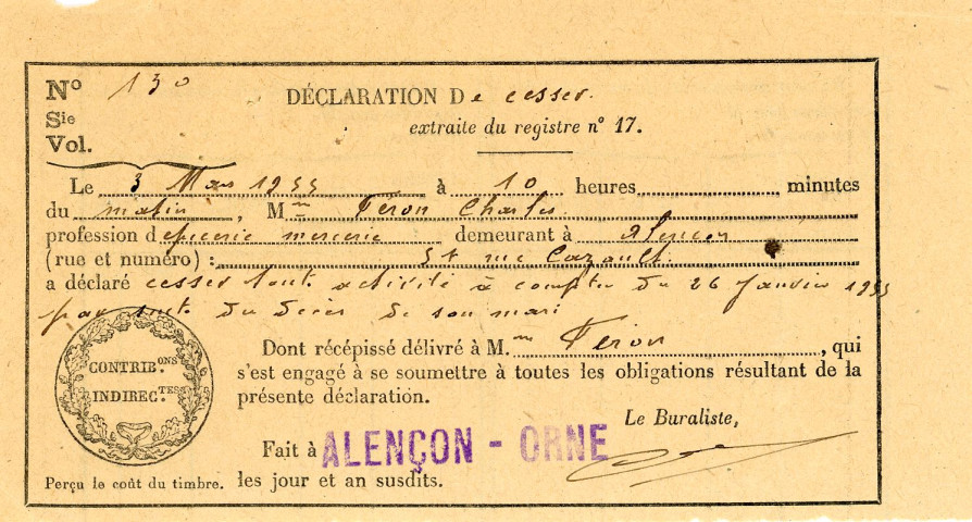 Déclaration de cessation d'activité n°17 de Mme FÉRON Charles (3 mars 1955) pour l'épicerie mercerie du 51 rue Cazault suite au décès de son mari.