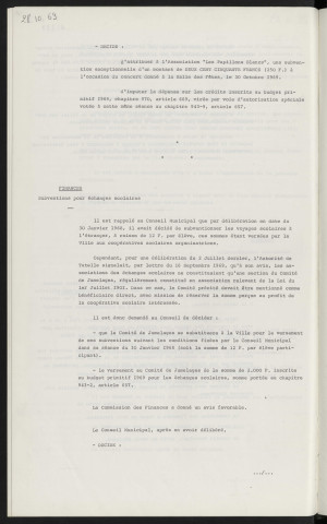 Finances, subvention exceptionnelle à l'association "Les Papillons Blancs". Finances, subvention pour échanges scolaires.