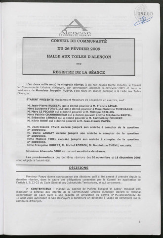 Registre des décisions et des délibérations du conseil communautaire (26 Février - 17 Décembre 2009).