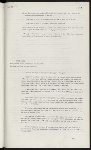 Quartier de Perseigne, construction d'un gymnase type C et d'installations sportives de plein air, avant-projet. Cours d'eau, aménagement d'une parcelle sur la Sarthe marchés CAUCE et DEVIN-LEMARCHAND.
