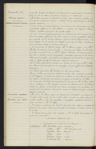 Caisse des retraites des employés de la Mairie, exonération de versement, M. BUCHOT Henri préposé surveillant à l'octroi d'Alençon. Dépenses imprévues, autorisation de paiement de mémoires, couronne avec ruban pour les obsèques de M. BIARD conseiller municipal ainsi que pour manifestation patriotique le jour de la Toussaint pour les soldats mort et inhumés dans le terrain réservé au Souvenir Français, Mlle BAZIRE et Mme MALLET fleuriste, remboursement de M. LAGOGUE frais de déplacement pour étude d'enlèvement des ordures ménagères à la Flèche. Commissaires répartiteurs, proposition pour 1916