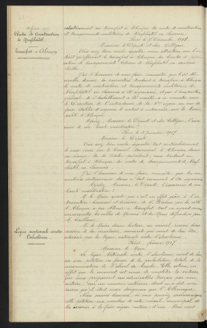 Communications diverses, centre de construction et baraquement militaires de Neufchâtel, Mr DARIAC, Mr CAILLAUX, transfert à Alençon. Ligue nationale contre l'alcoolisme, demande de vote de subvention, suppression de l'alcool