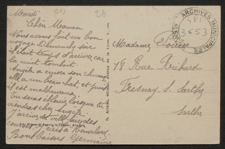 Alençon (Orne), L'Hôtel des Postes, carte postale ancienne noir et blanc n°1, G. Artaud éditeur, Nantes, ED, Brissard, papeterie-tabacs, Alençon, (Date d'utilisation : 09 octobre 1928), (14x9), AMA.