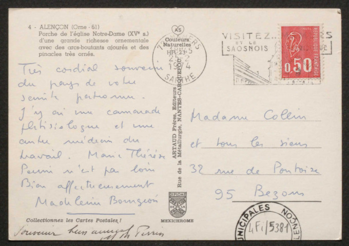 Alençon (Orne), Porche de l'église Notre-Dame (XVe s) d'une grande richesse ornementale avec des arcs-boutants et des pinacles très ornés, carte postale moderne en couleur n°4, Artaud frères, éditeurs, Carquefou-Nantes, (date d'utilisation : 25 février 1974), (10,5x15), acquisition 2020, AMA.