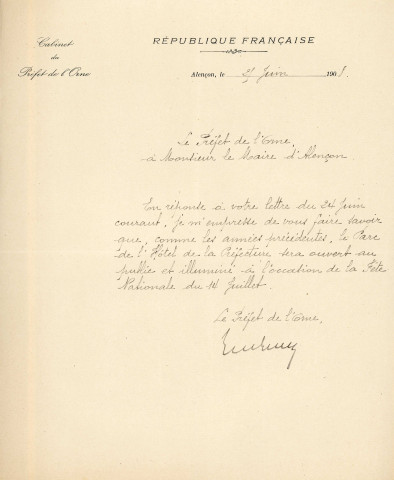 Fête nationale 14 juillet 1908, banquet Républicain à la Halle au blé organisée par le conseil municipal sous la présidence de M. le Prefet de l'Orne : affiche Imprimerie Veuve Félix Guy et compagnie, ().