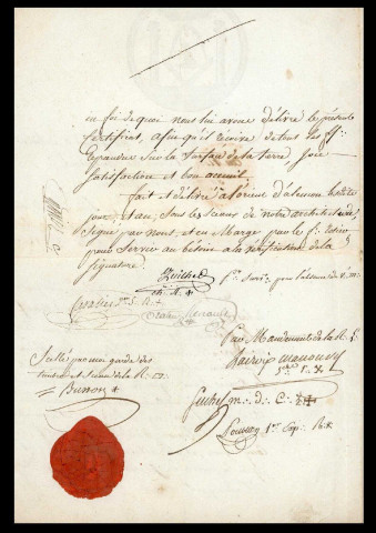 Franc-maçonnerie, intégration (8 avril 1805) : certificat manuscrit attestant qu' Etienne Rosier, Capitaine commandant la gendarmerie dans le département de l'Orne, domicilié à Alençon, a été reçu Apprenti, Compagnon et Maître franc-maçon.